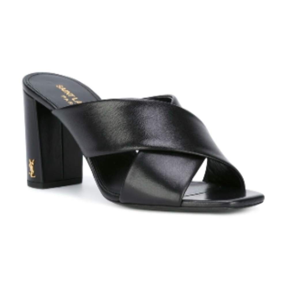 Saint Laurent YSL LouLou Black Leather Block Heel Mule Sandal